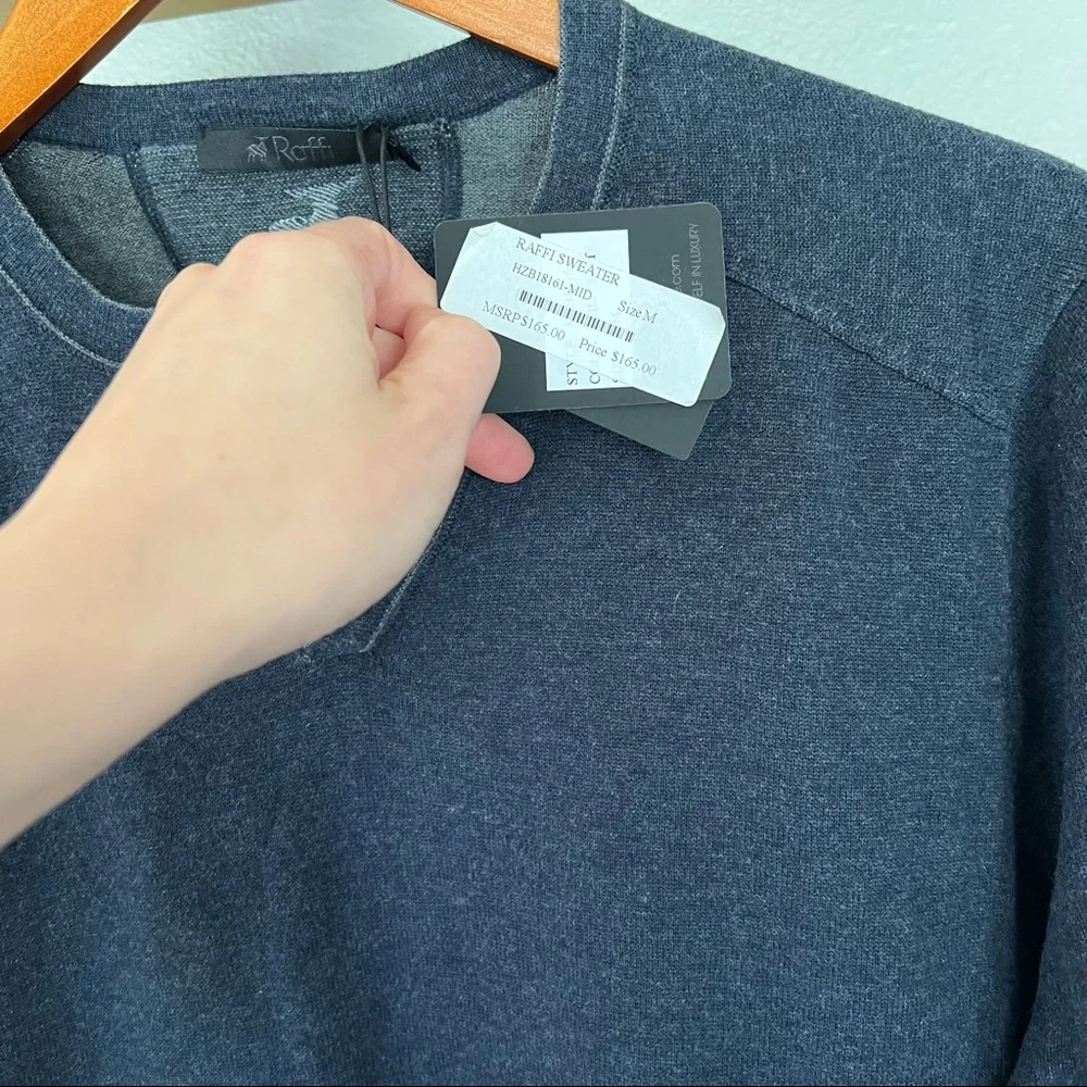 RAFFI Cotton Reversible Elbow Patch Henley Sweater Blue Grey Size Medium NWT - Picture 2 of 9